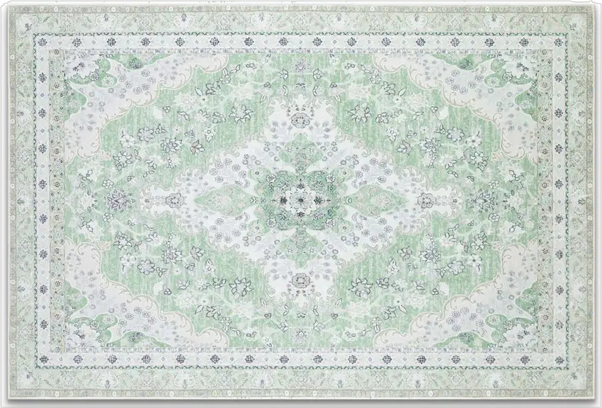 Green And Ivory Oriental Distressed Washable Area Rug Photo 2