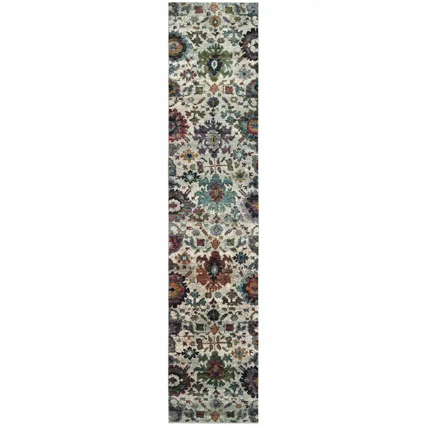 Green And Ivory Oriental Power Loom Runner Rug Photo 1