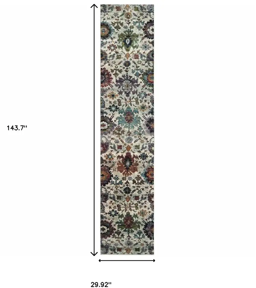 Green And Ivory Oriental Power Loom Runner Rug Photo 6