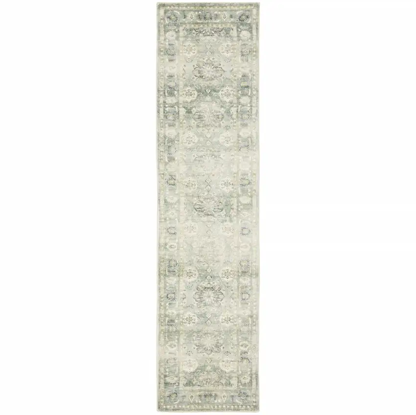 Green And Ivory Oriental Power Loom Stain Resistant Runner Rug Photo 1
