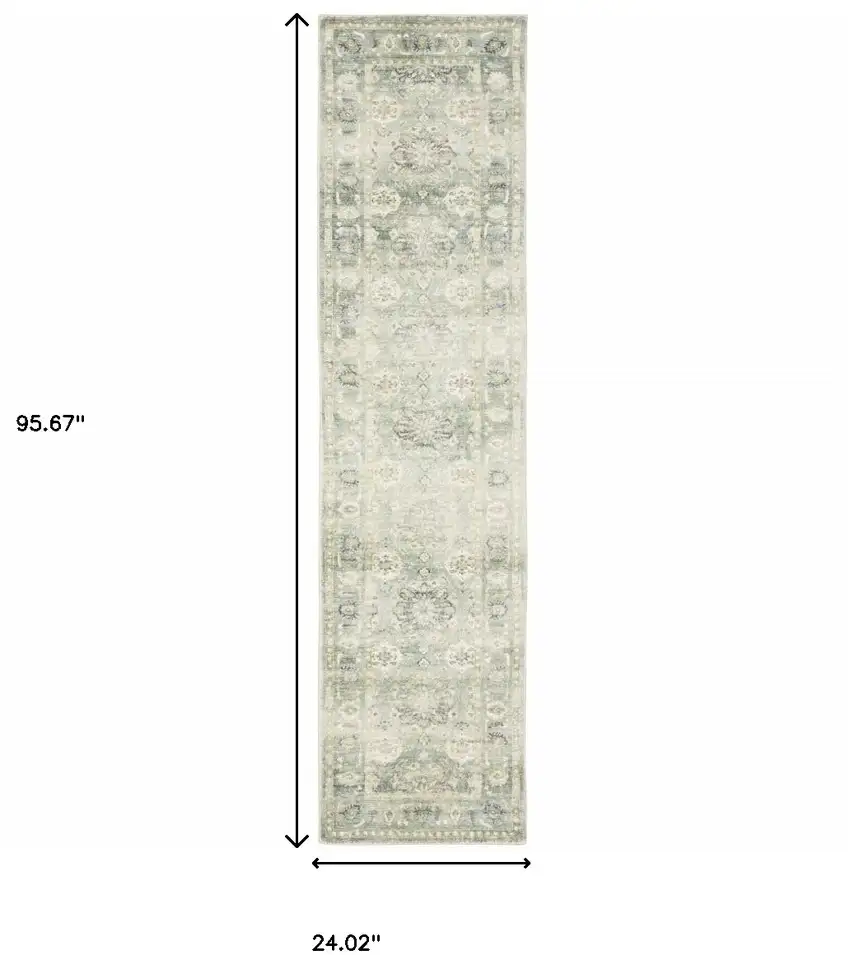 Green And Ivory Oriental Power Loom Stain Resistant Runner Rug Photo 10