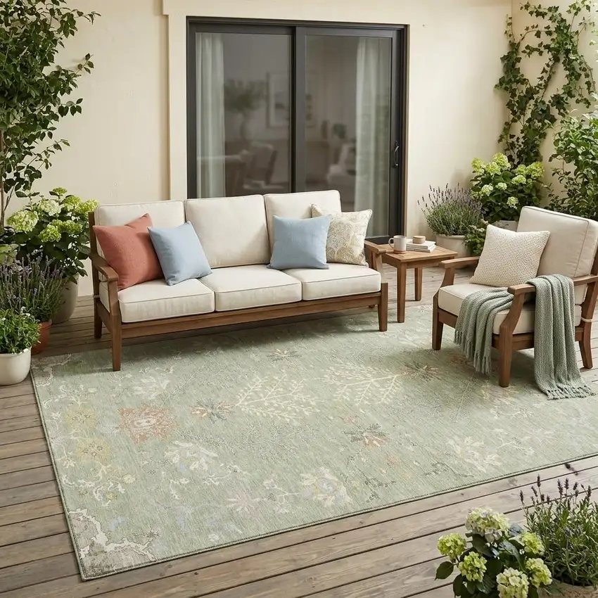 Green And Ivory Oriental Washable Indoor Outdoor Area Rug Photo 1