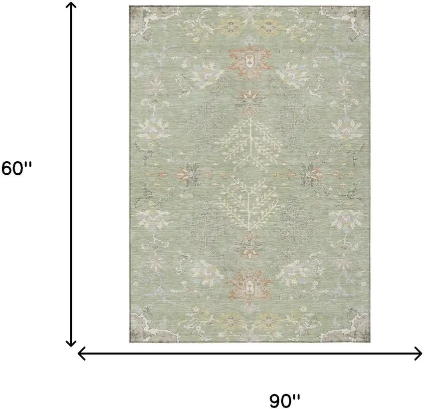 Green And Ivory Oriental Washable Indoor Outdoor Area Rug Photo 9