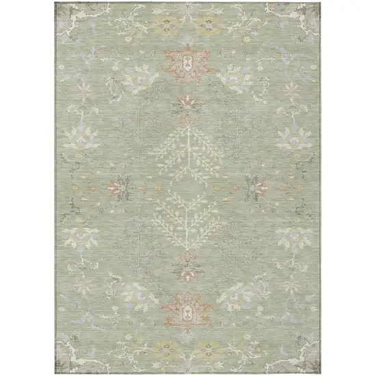 Green And Ivory Oriental Washable Indoor Outdoor Area Rug Photo 2