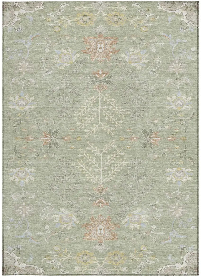 Green And Ivory Oriental Washable Indoor Outdoor Area Rug Photo 4