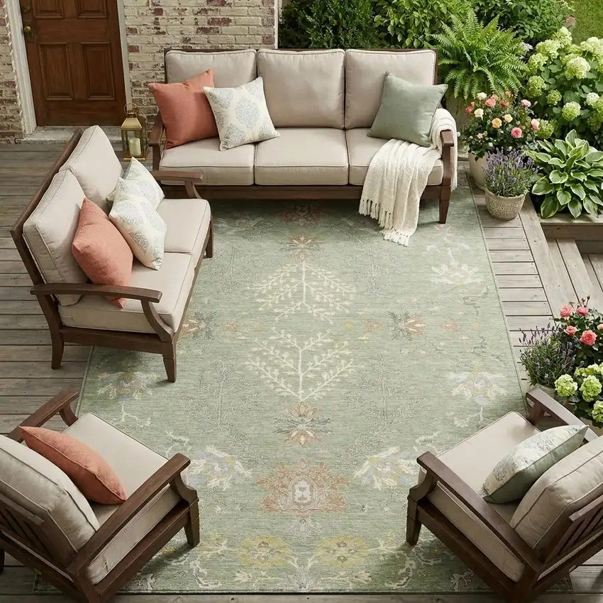 Green And Ivory Oriental Washable Indoor Outdoor Area Rug Photo 1