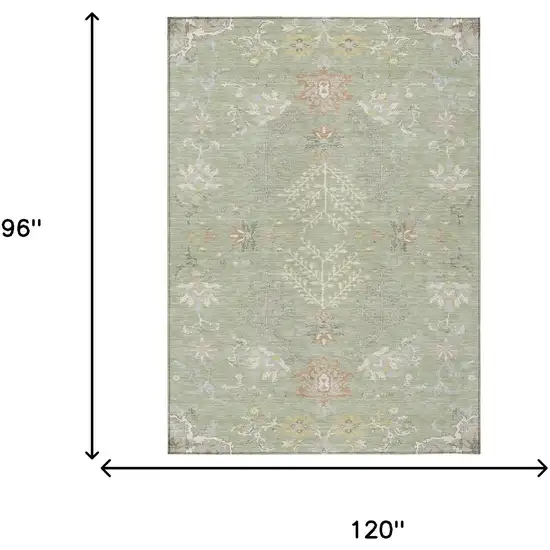 Green And Ivory Oriental Washable Indoor Outdoor Area Rug Photo 9
