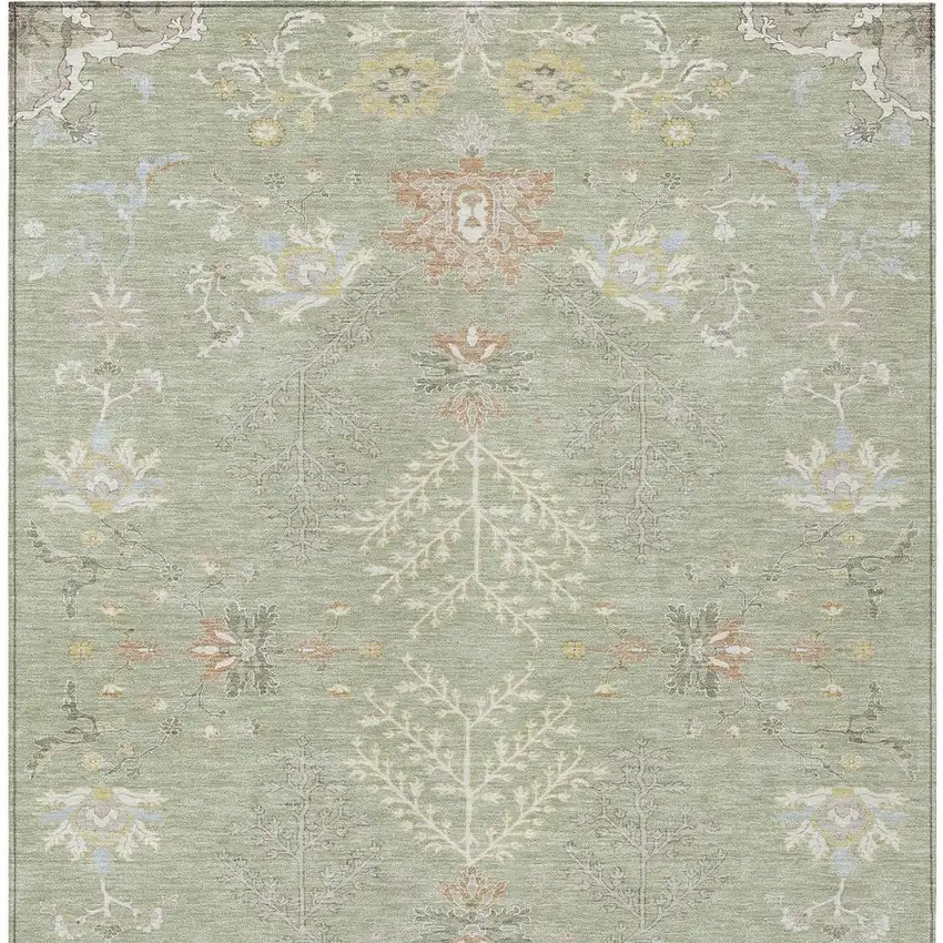 Green And Ivory Oriental Washable Indoor Outdoor Area Rug Photo 6