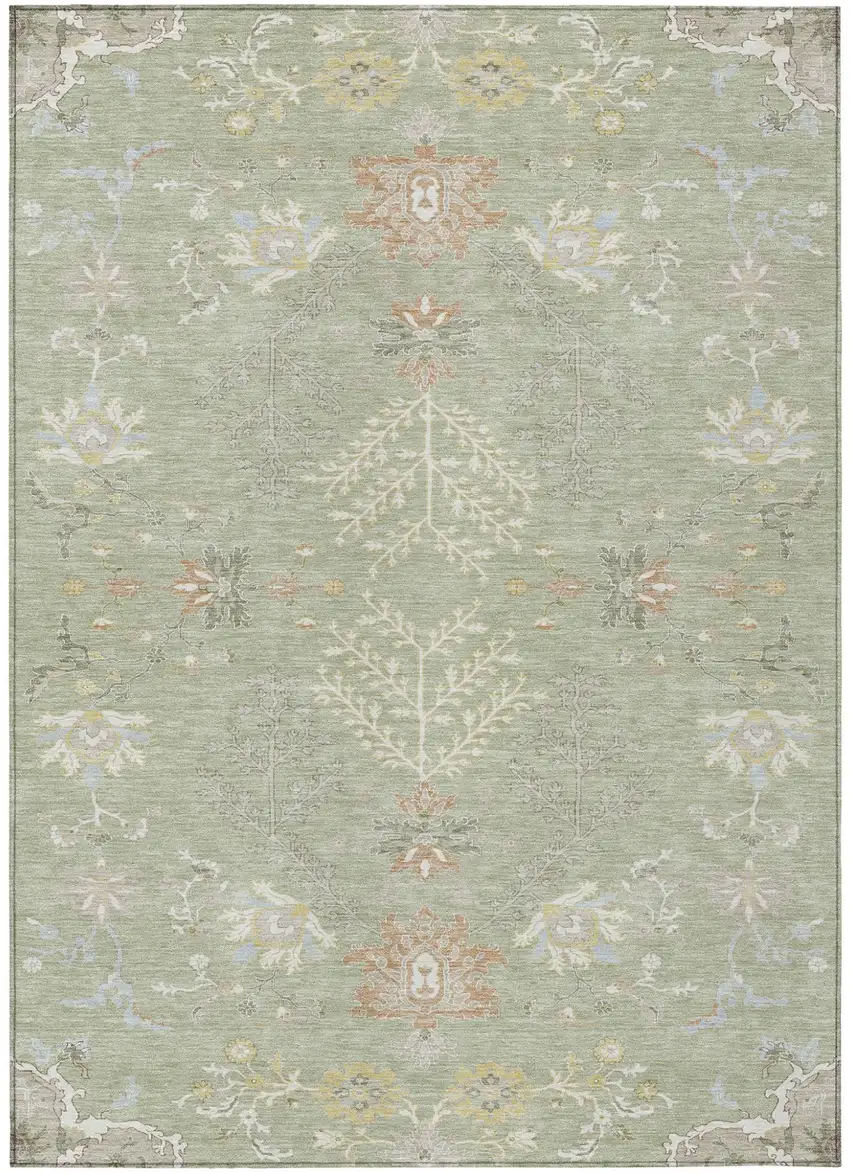 Green And Ivory Oriental Washable Indoor Outdoor Area Rug Photo 2