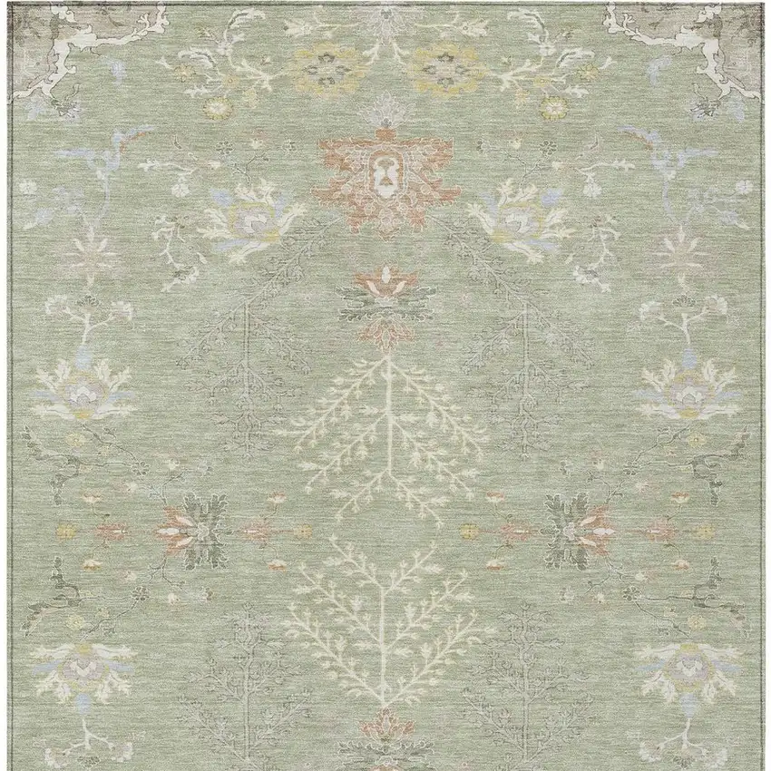 Green And Ivory Oriental Washable Indoor Outdoor Area Rug Photo 3