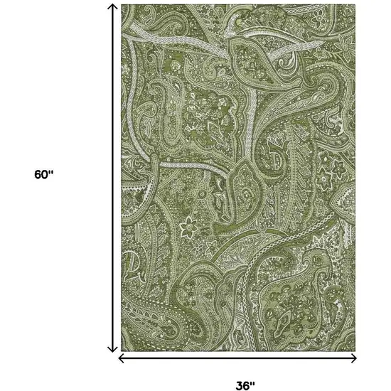 Green And Ivory Paisley Washable Area Rug With UV Protection Photo 3