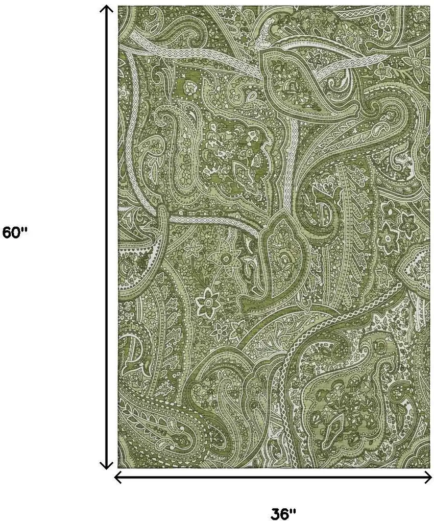 Green And Ivory Paisley Washable Area Rug With UV Protection Photo 3