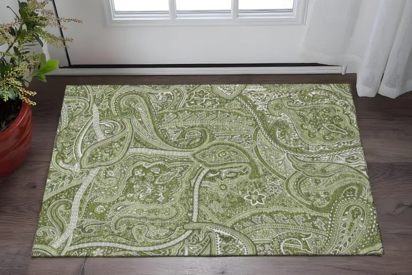 Green And Ivory Paisley Washable Area Rug With UV Protection Photo 2