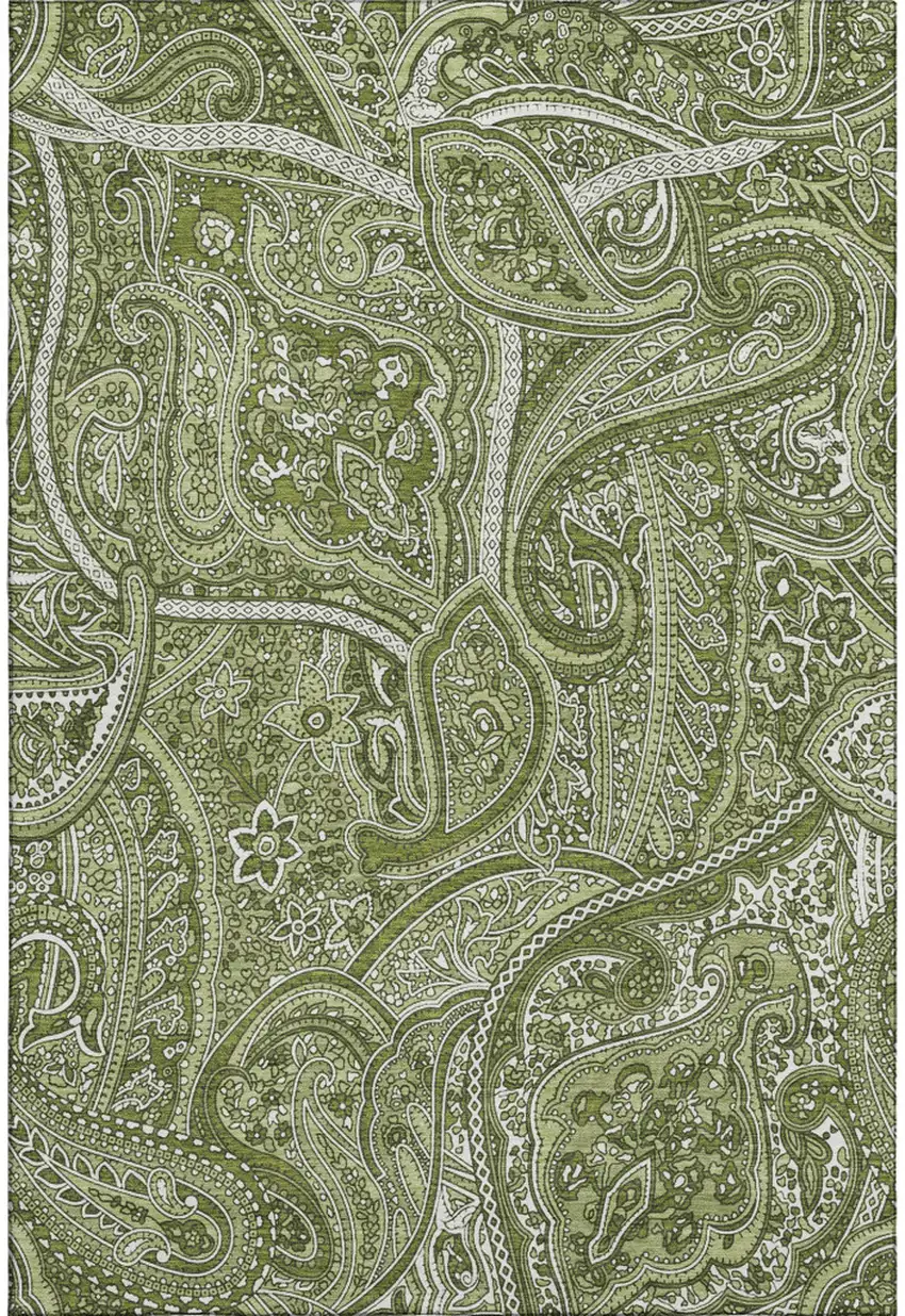 Green And Ivory Paisley Washable Area Rug With UV Protection Photo 1