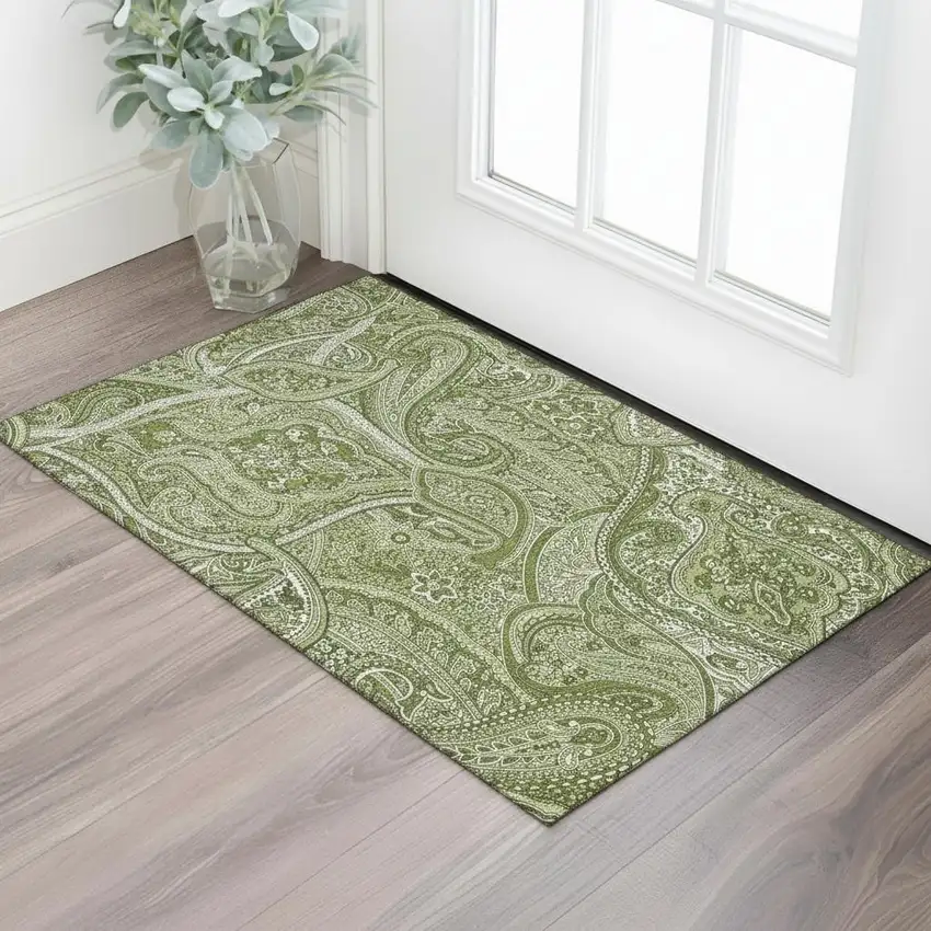Green And Ivory Paisley Washable Area Rug With UV Protection Photo 1
