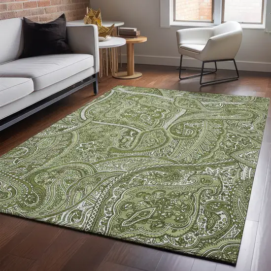 Green And Ivory Paisley Washable Area Rug With UV Protection Photo 4