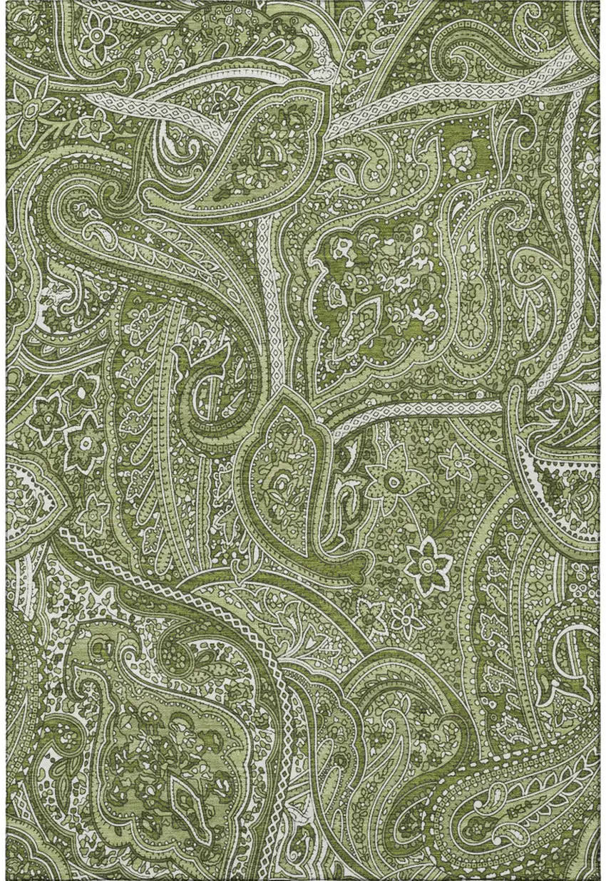 Green And Ivory Paisley Washable Area Rug With UV Protection Photo 3