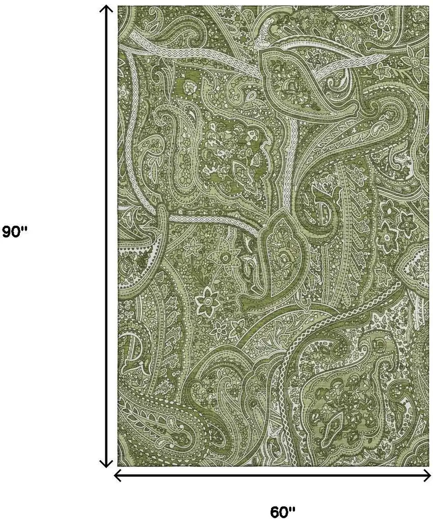 Green And Ivory Paisley Washable Area Rug With UV Protection Photo 3