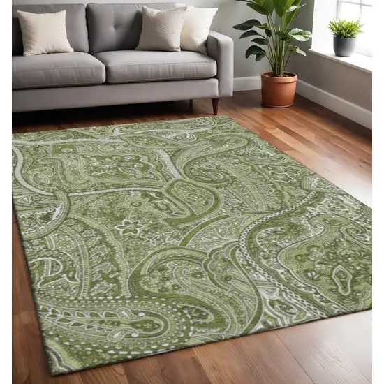 Green And Ivory Paisley Washable Area Rug With UV Protection Photo 2