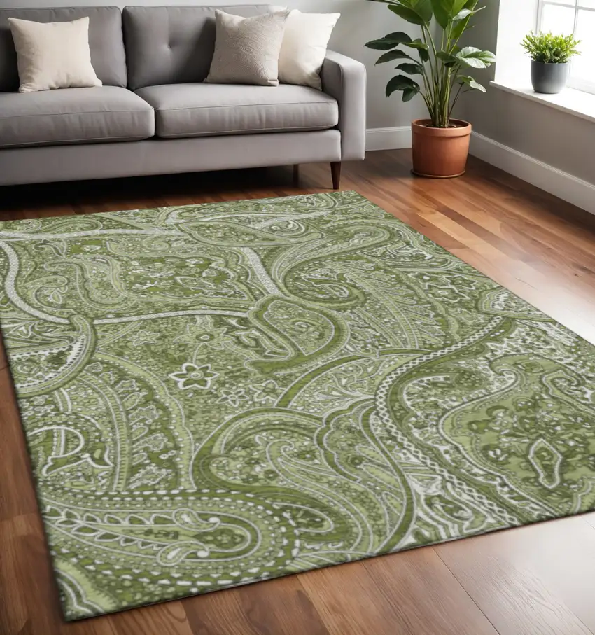 Green And Ivory Paisley Washable Area Rug With UV Protection Photo 2