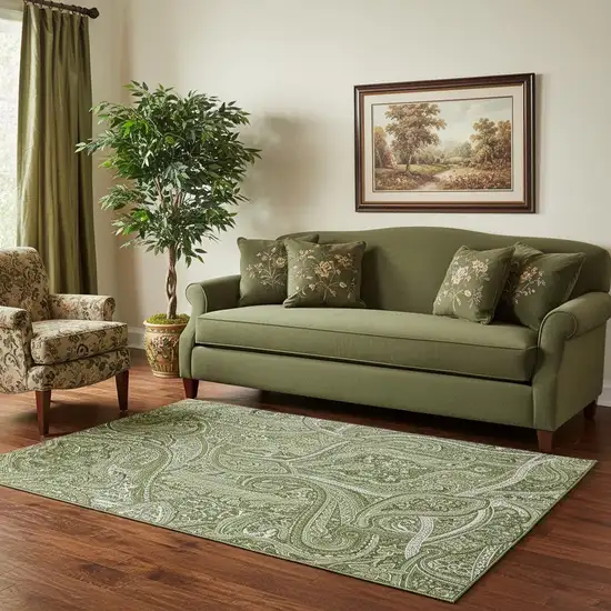 Green And Ivory Paisley Washable Area Rug With UV Protection Photo 1