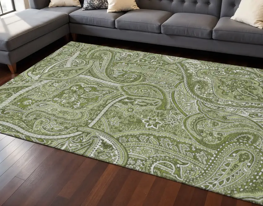 Green And Ivory Paisley Washable Area Rug With UV Protection Photo 2