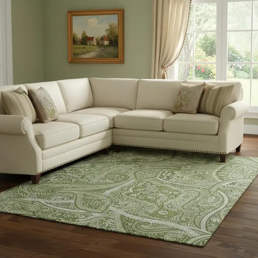Green And Ivory Paisley Washable Area Rug With UV Protection Photo 1