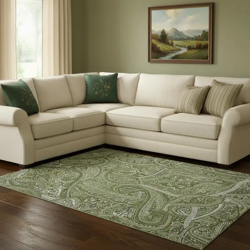 Green And Ivory Paisley Washable Area Rug With UV Protection Photo 1