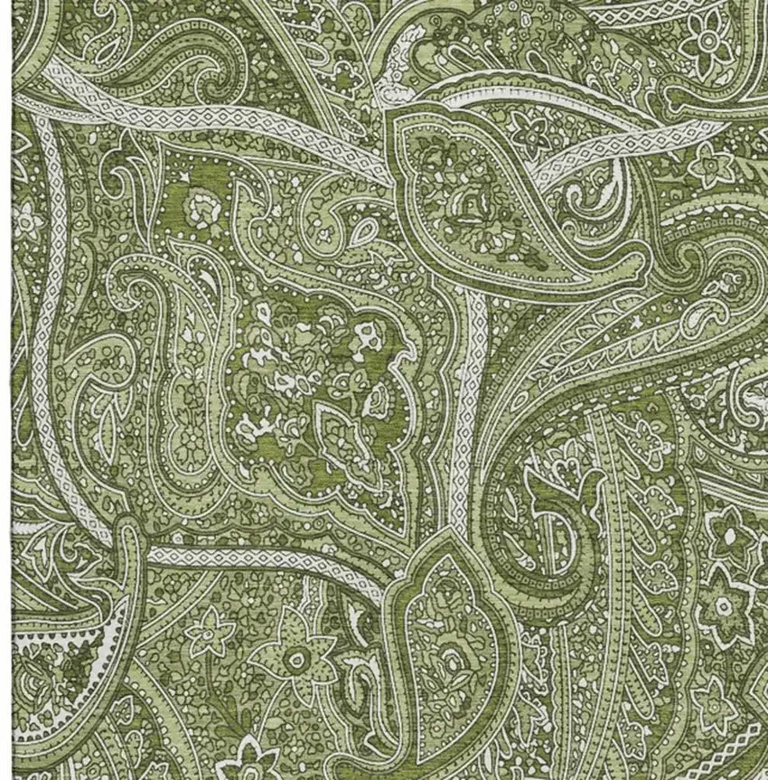 Green And Ivory Paisley Washable Area Rug With UV Protection Photo 4
