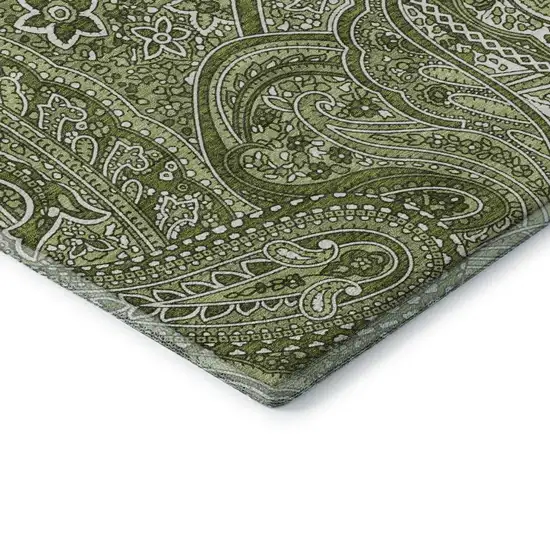 Green And Ivory Paisley Washable Area Rug With UV Protection Photo 8