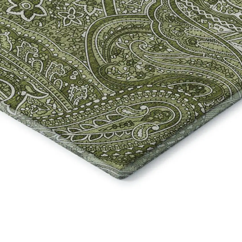 Green And Ivory Paisley Washable Area Rug With UV Protection Photo 8