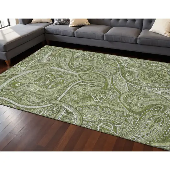 Green And Ivory Paisley Washable Area Rug With UV Protection Photo 2