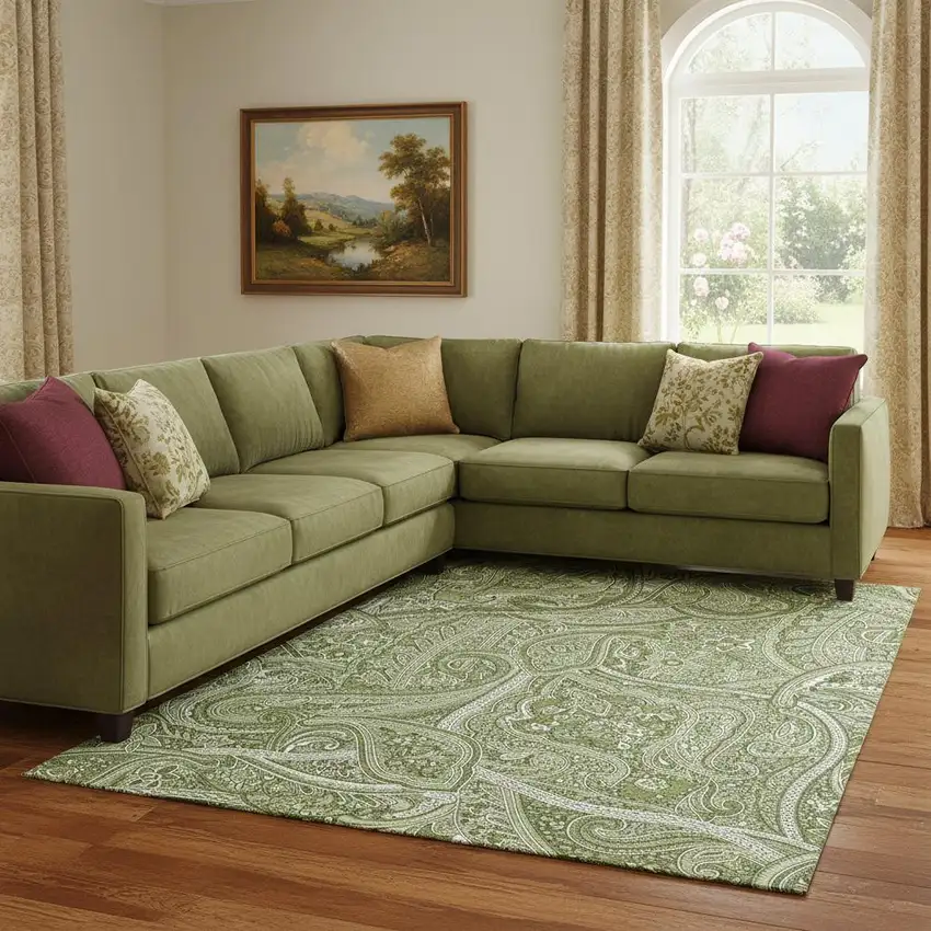 Green And Ivory Paisley Washable Area Rug With UV Protection Photo 1