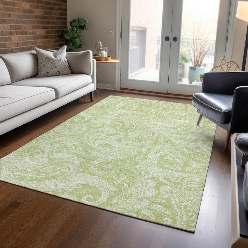 Green And Ivory Paisley Washable Indoor Outdoor Area Rug Photo 8