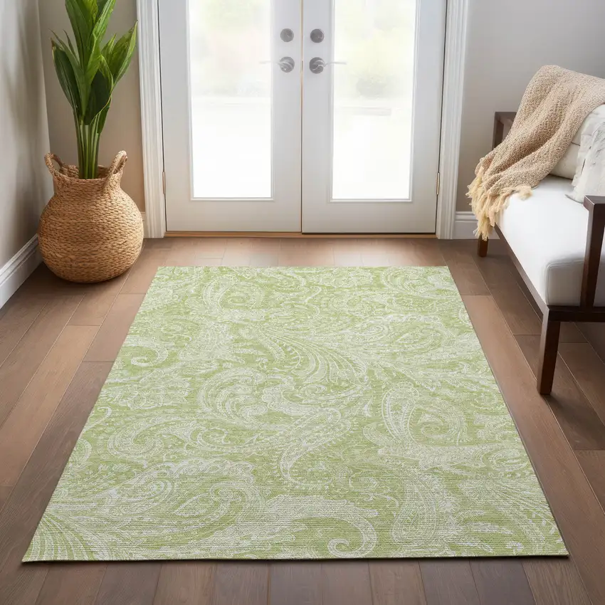Green And Ivory Paisley Washable Indoor Outdoor Area Rug Photo 9
