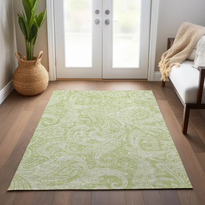 Green And Ivory Paisley Washable Indoor Outdoor Area Rug Photo 9