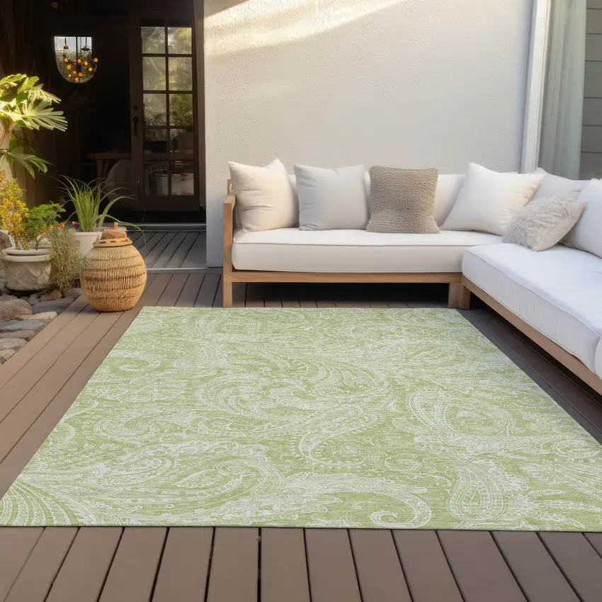 Green And Ivory Paisley Washable Indoor Outdoor Area Rug Photo 7