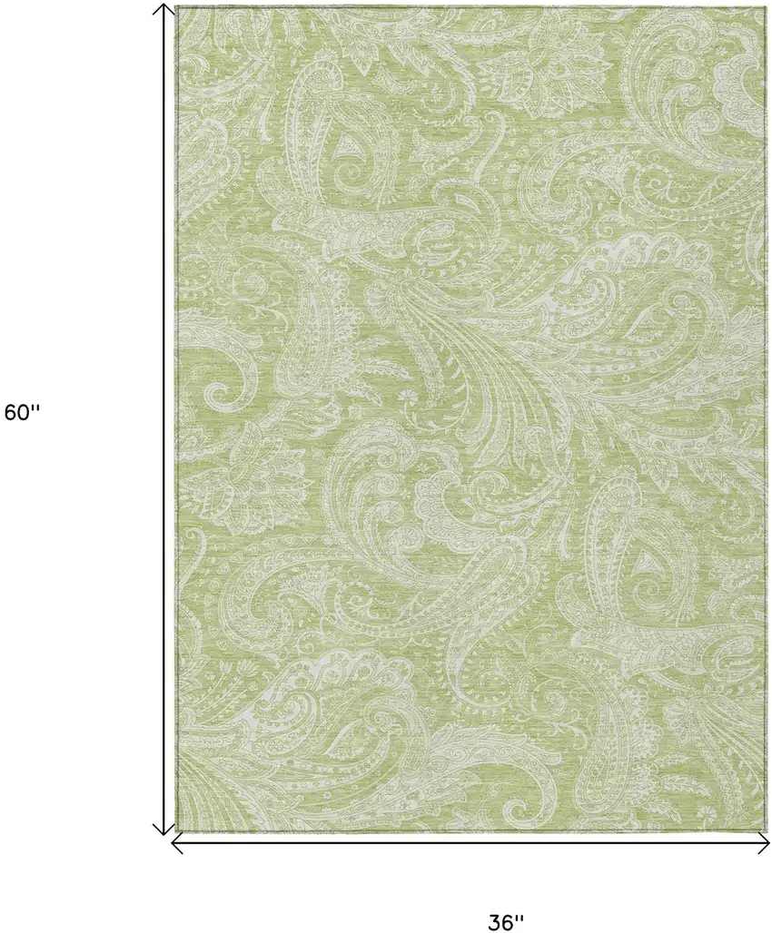 Green And Ivory Paisley Washable Indoor Outdoor Area Rug Photo 3