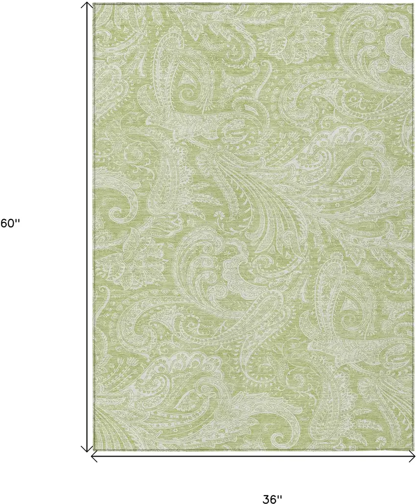 Green And Ivory Paisley Washable Indoor Outdoor Area Rug Photo 3
