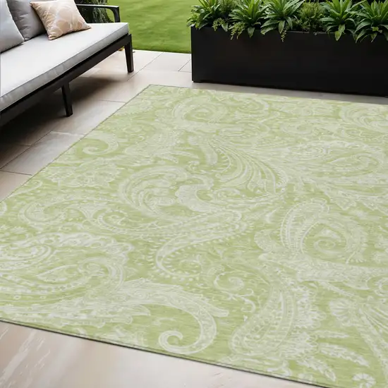 Green And Ivory Paisley Washable Indoor Outdoor Area Rug Photo 1