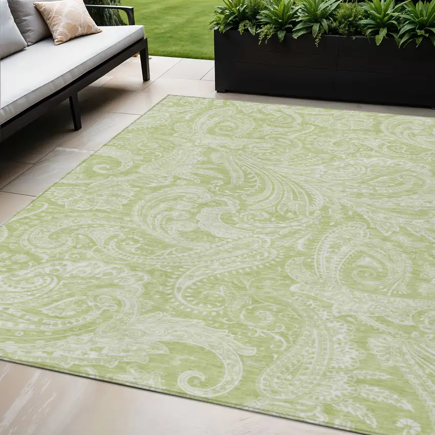 Green And Ivory Paisley Washable Indoor Outdoor Area Rug Photo 1