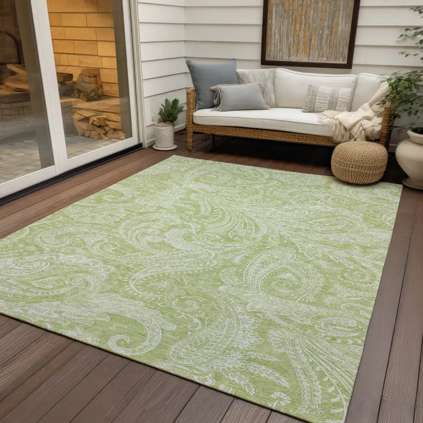 Green And Ivory Paisley Washable Indoor Outdoor Area Rug Photo 9