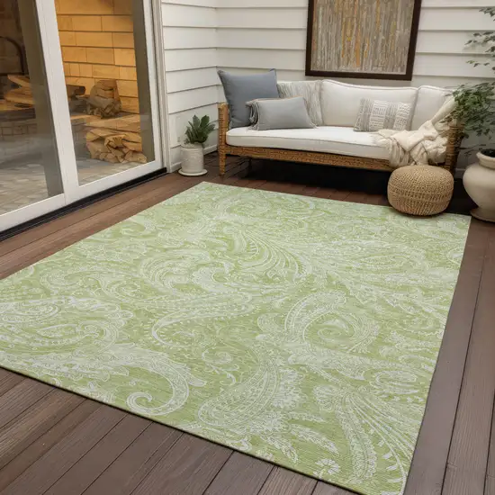 Green And Ivory Paisley Washable Indoor Outdoor Area Rug Photo 9