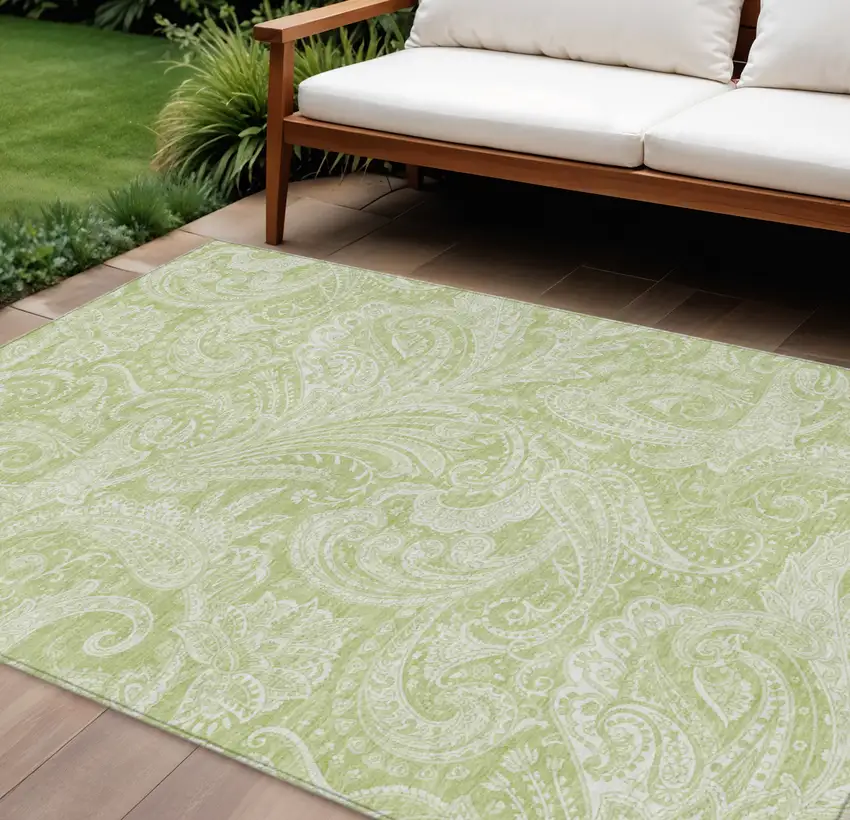 Green And Ivory Paisley Washable Indoor Outdoor Area Rug Photo 1