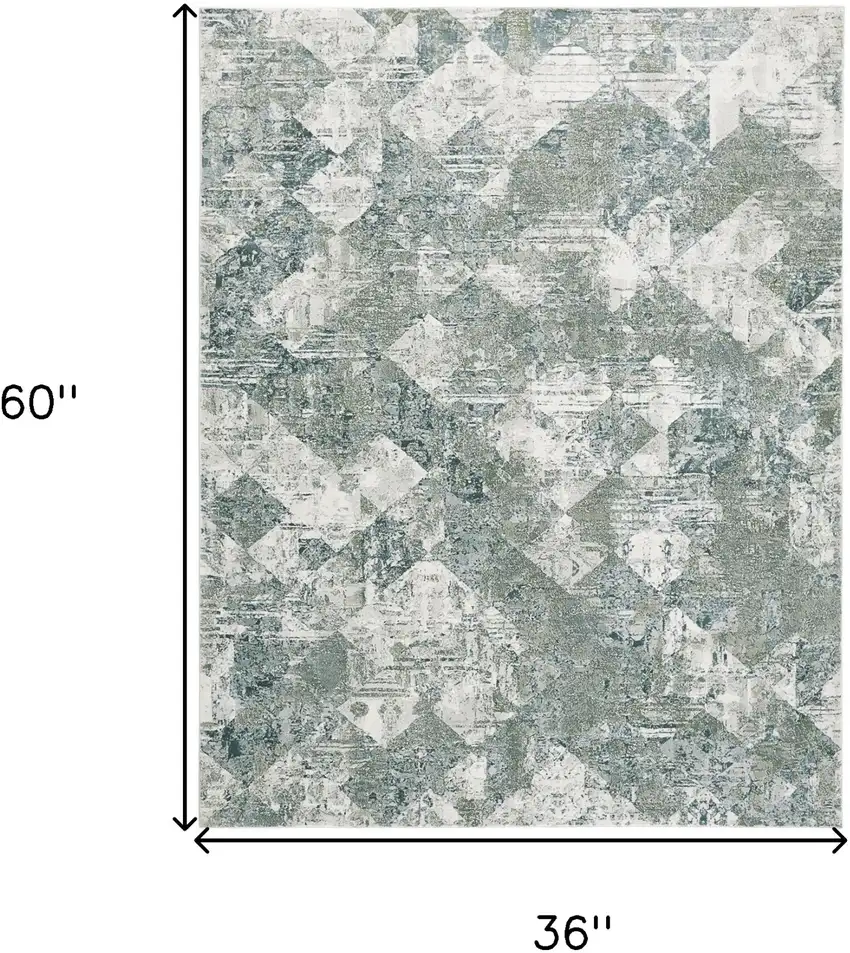 Green And Ivory Patchwork Distressed Stain Resistant Area Rug Photo 9