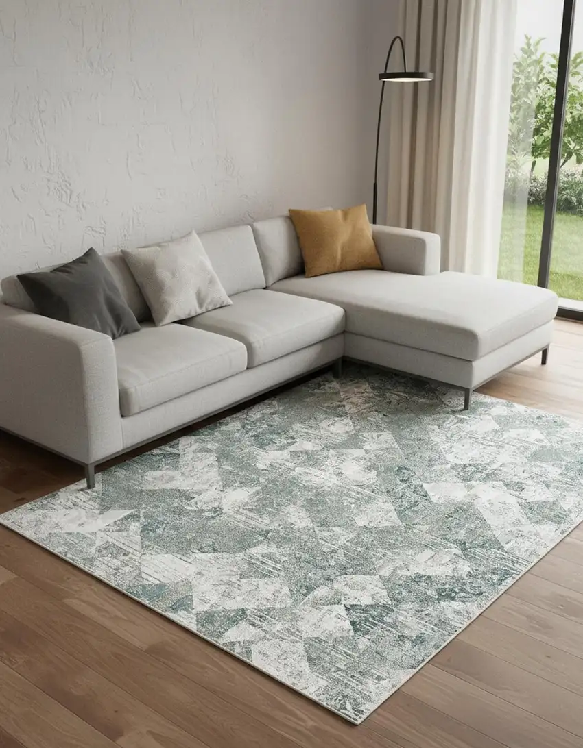 Green And Ivory Patchwork Distressed Stain Resistant Area Rug Photo 1