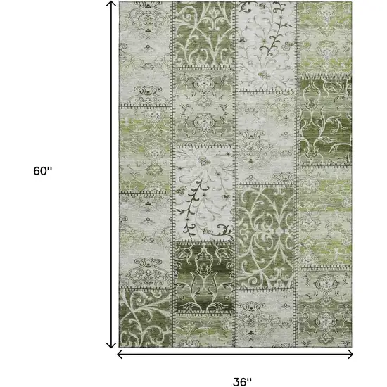 Green And Ivory Patchwork Distressed Washable Area Rug With UV Protection Photo 8