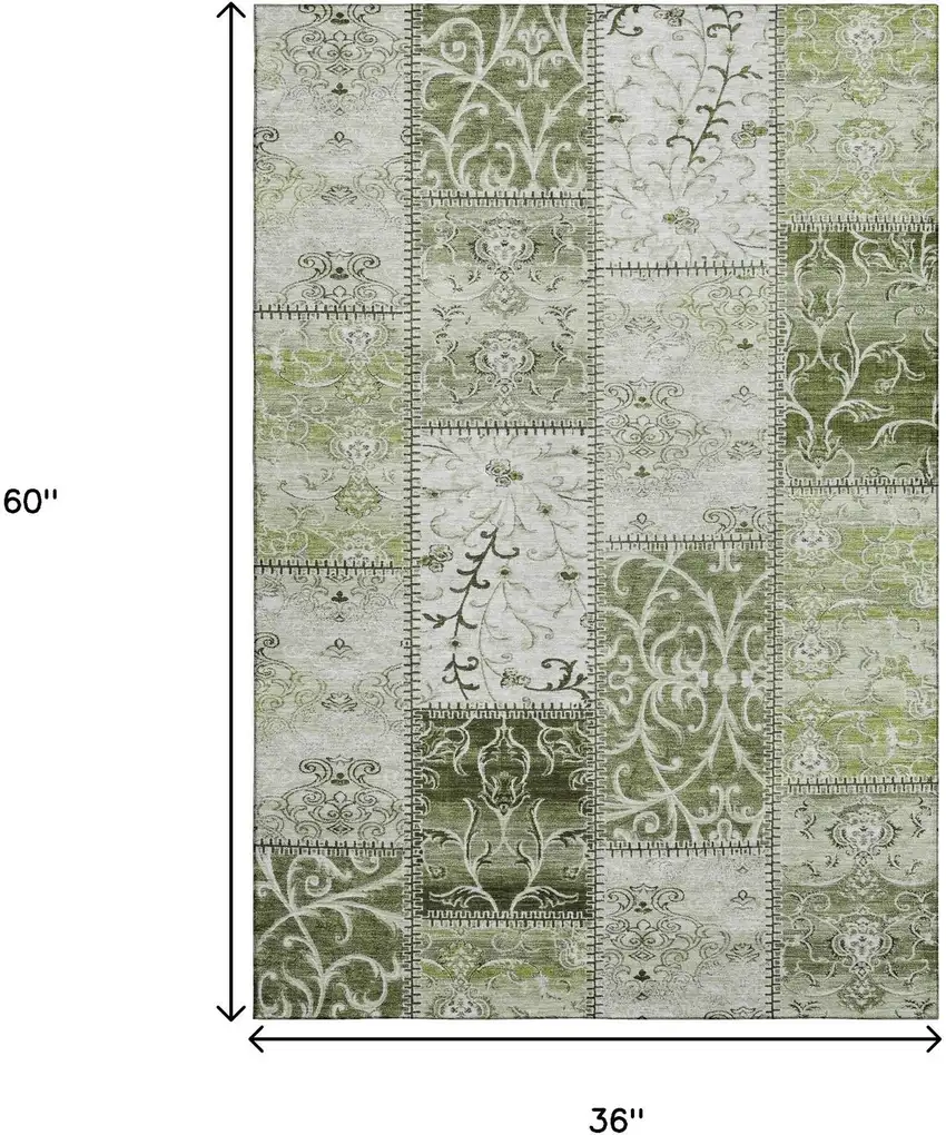Green And Ivory Patchwork Distressed Washable Area Rug With UV Protection Photo 8