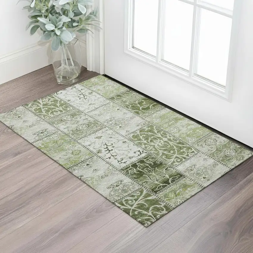 Green And Ivory Patchwork Washable Area Rug With UV Protection Photo 1