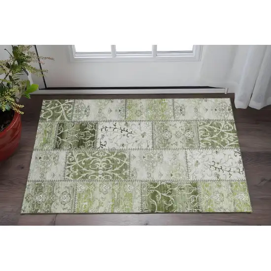 Green And Ivory Patchwork Washable Area Rug With UV Protection Photo 2